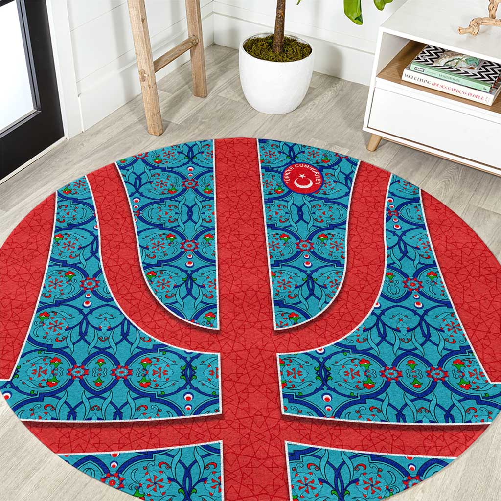 Blue Turkish Traditional Pattern and Red Round Carpet with National Flag Emblem