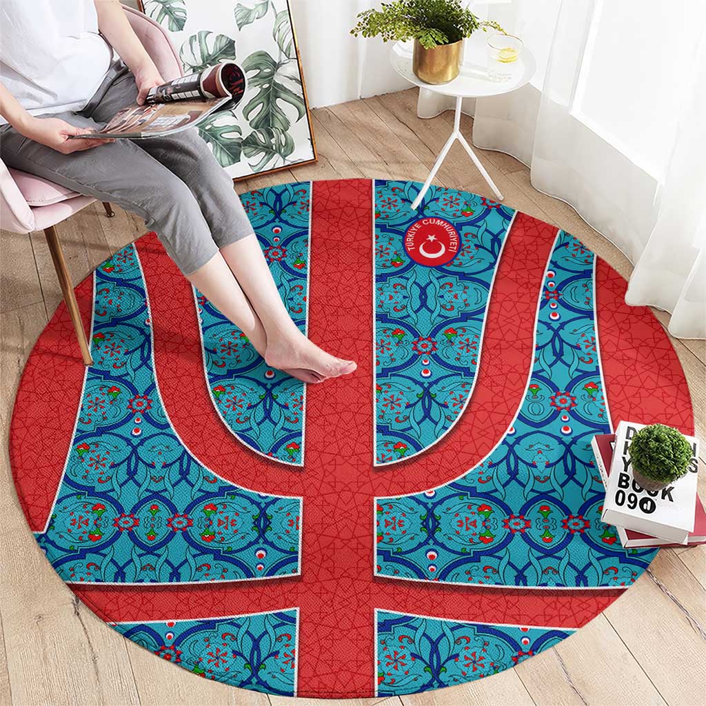 Blue Turkish Traditional Pattern and Red Round Carpet with National Flag Emblem