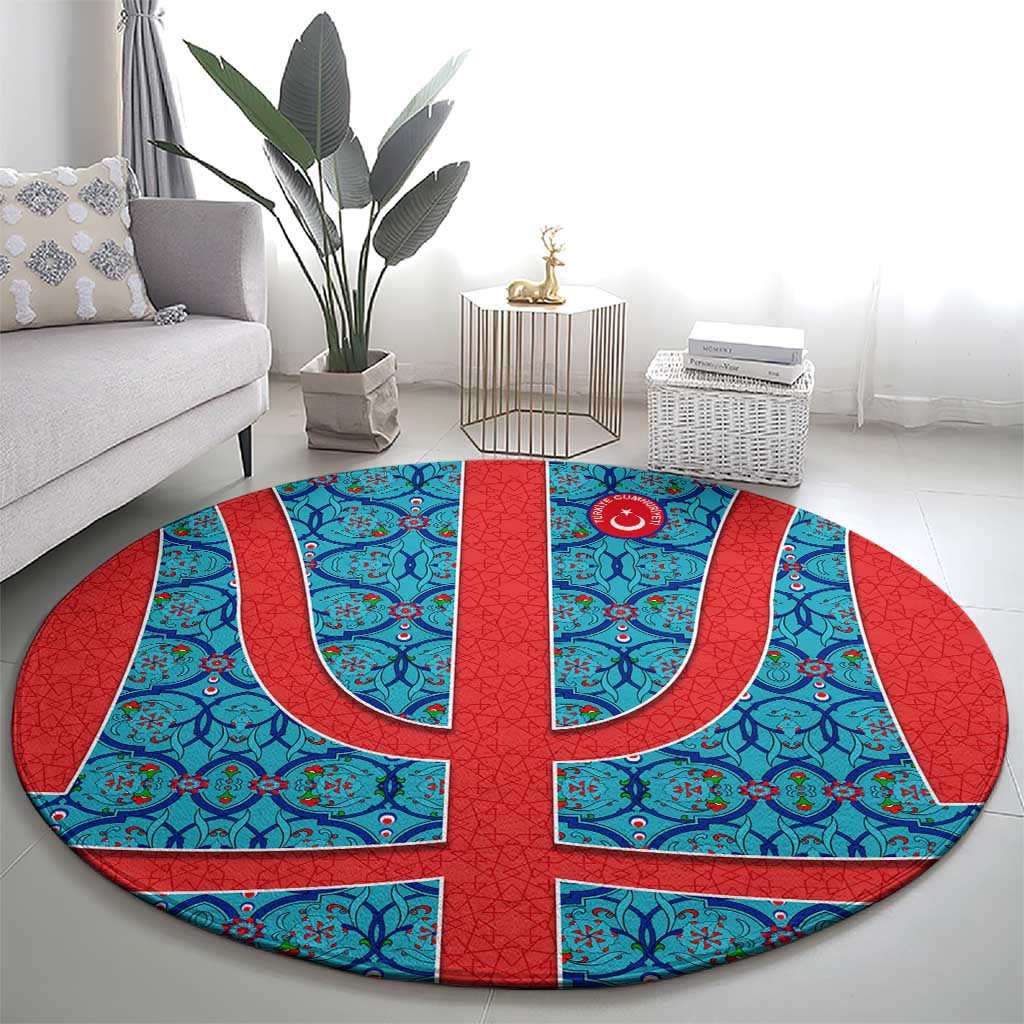 Blue Turkish Traditional Pattern and Red Round Carpet with National Flag Emblem
