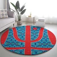 Blue Turkish Traditional Pattern and Red Round Carpet with National Flag Emblem