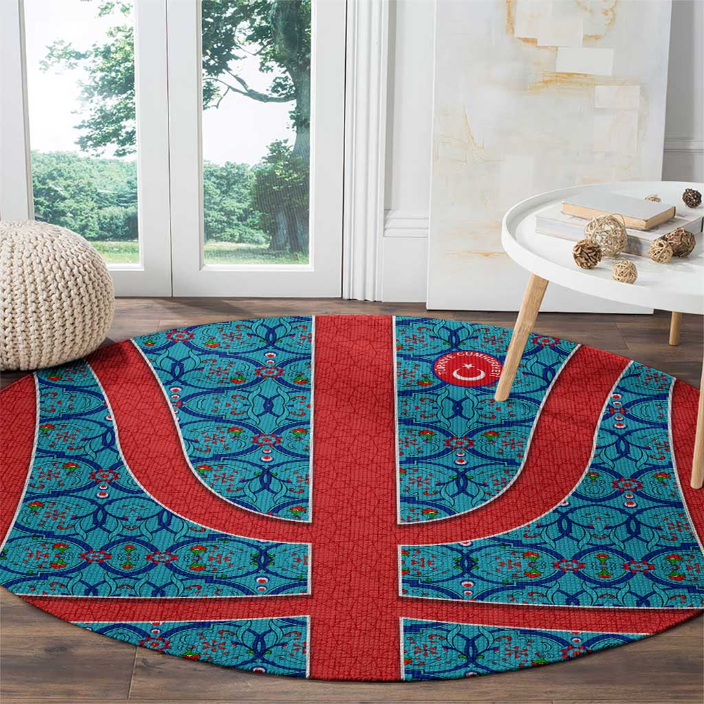Blue Turkish Traditional Pattern and Red Round Carpet with National Flag Emblem