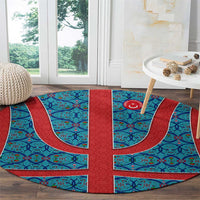 Blue Turkish Traditional Pattern and Red Round Carpet with National Flag Emblem
