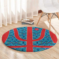 Blue Turkish Traditional Pattern and Red Round Carpet with National Flag Emblem