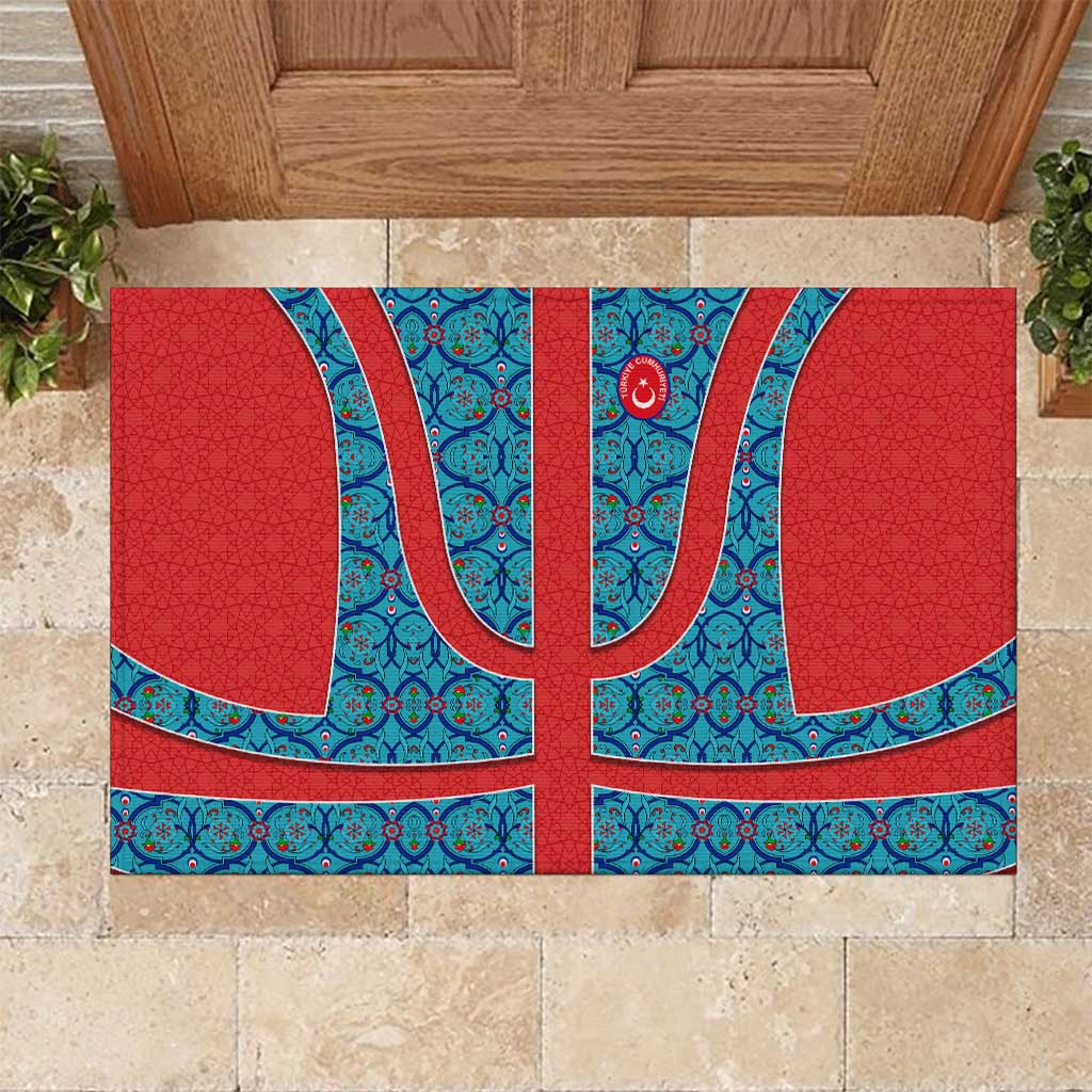 Blue Turkish Traditional Pattern and Red Rubber Doormat with National Flag Emblem