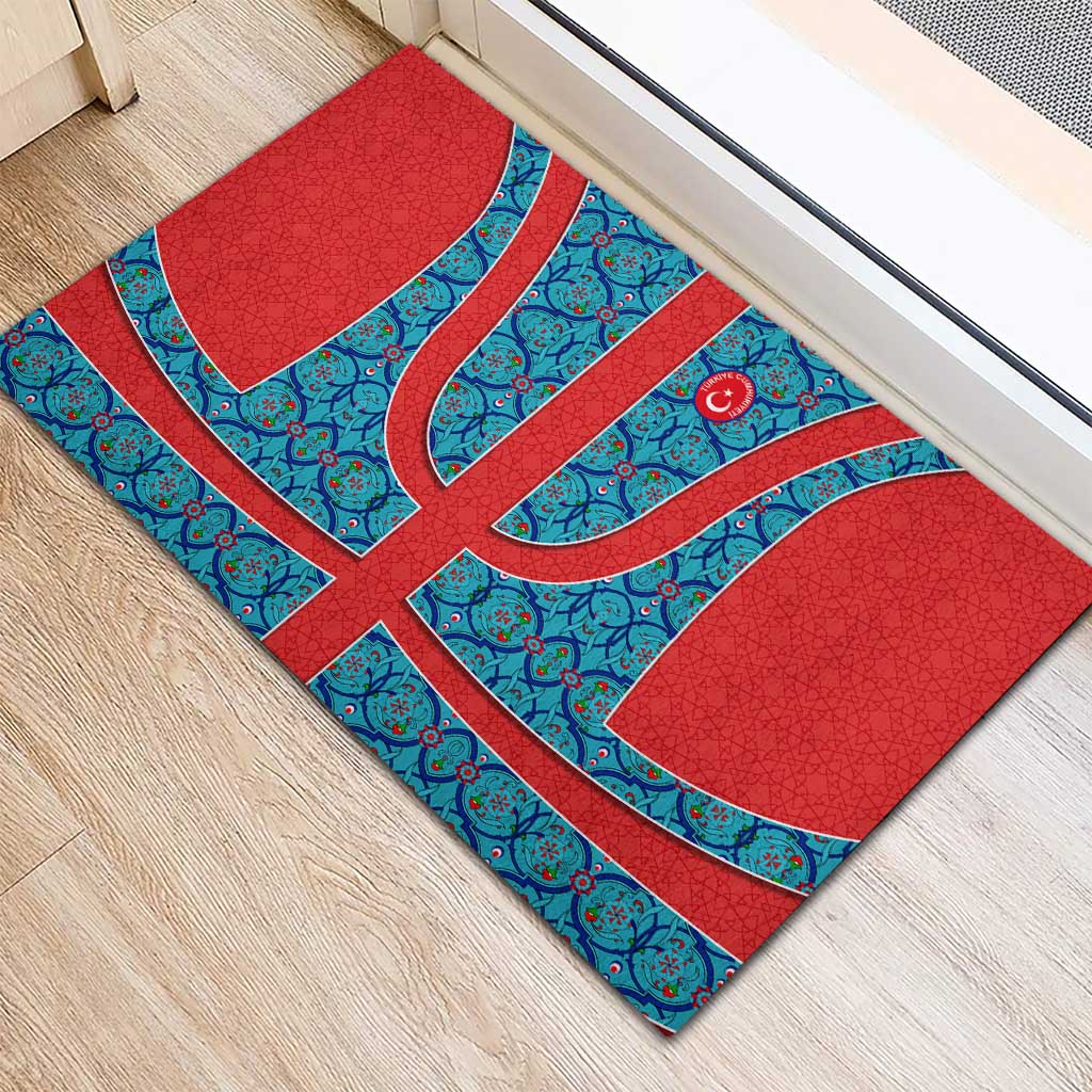 Blue Turkish Traditional Pattern and Red Rubber Doormat with National Flag Emblem