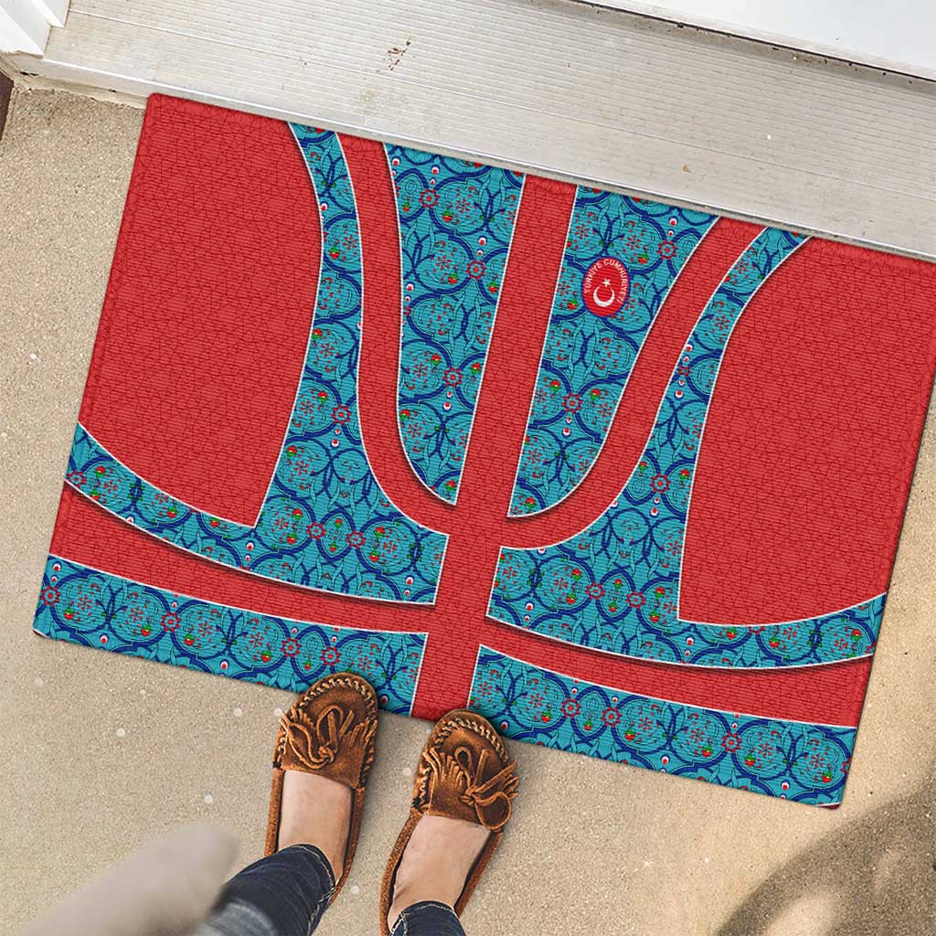 Blue Turkish Traditional Pattern and Red Rubber Doormat with National Flag Emblem