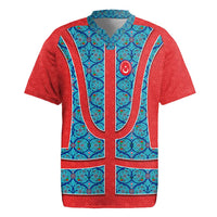 Blue Turkish Traditional Pattern and Red Rugby Jersey with National Flag Emblem