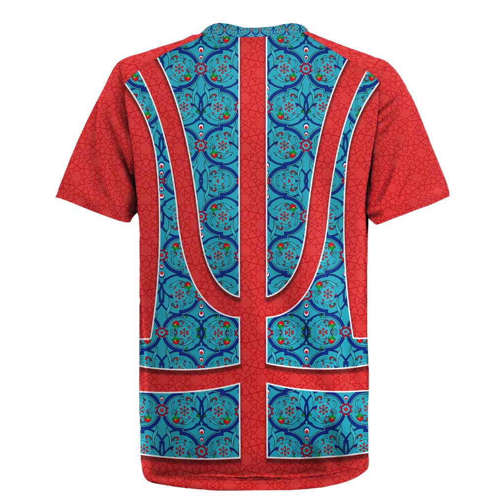 Blue Turkish Traditional Pattern and Red Rugby Jersey with National Flag Emblem
