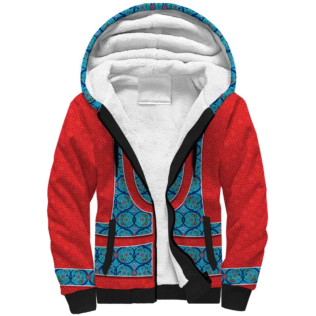 Blue Turkish Traditional Pattern and Red Sherpa Hoodie with National Flag Emblem