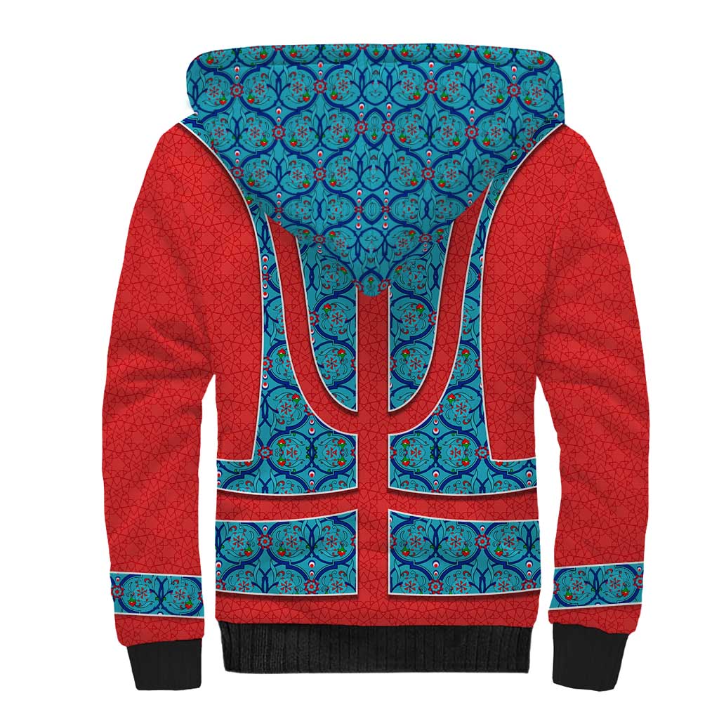 Blue Turkish Traditional Pattern and Red Sherpa Hoodie with National Flag Emblem