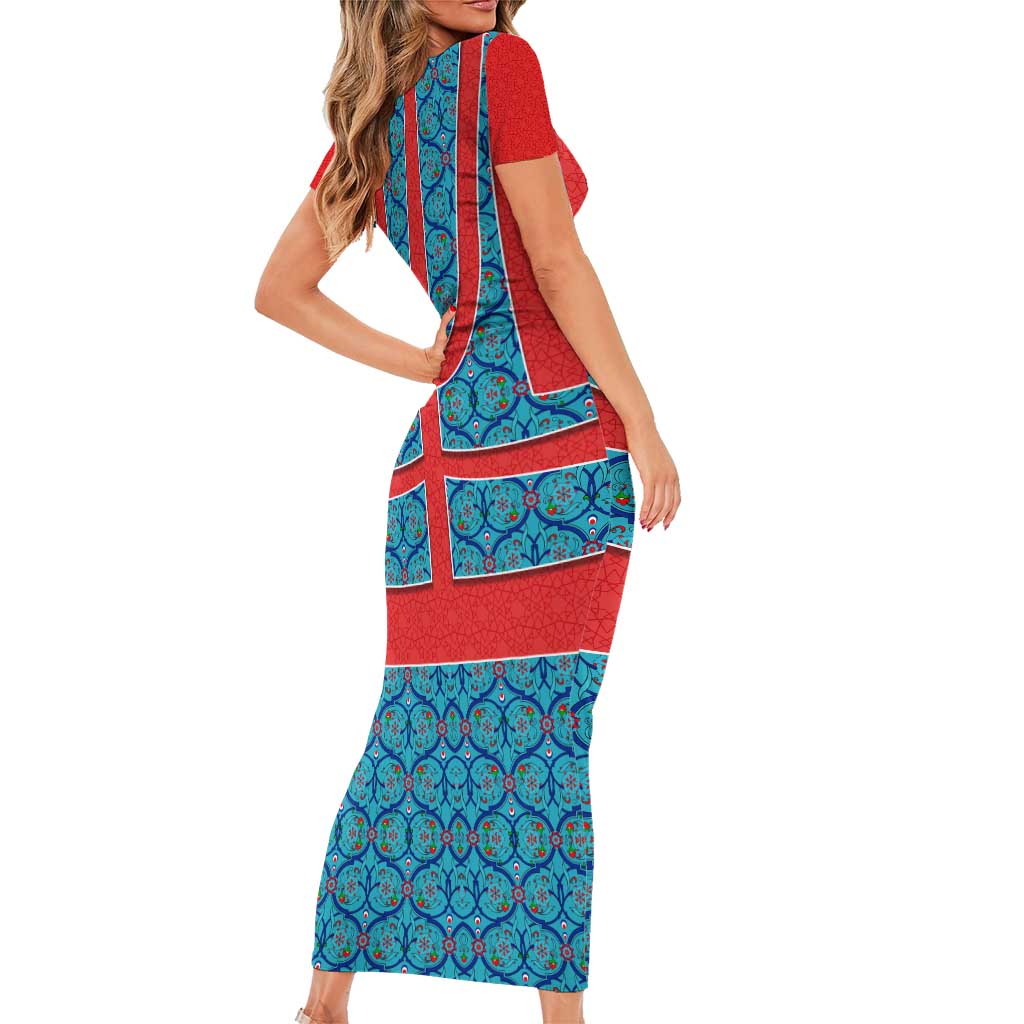 Blue Turkish Traditional Pattern and Red Short Sleeve Bodycon Dress with National Flag Emblem