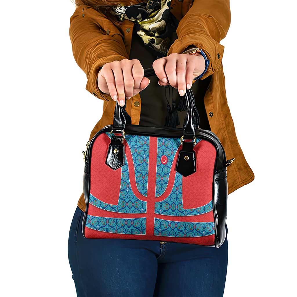 Blue Turkish Traditional Pattern and Red Shoulder Handbag with National Flag Emblem