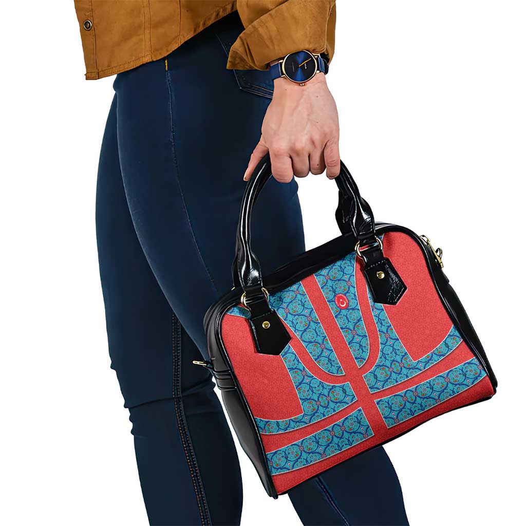 Blue Turkish Traditional Pattern and Red Shoulder Handbag with National Flag Emblem
