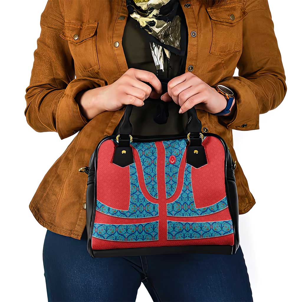 Blue Turkish Traditional Pattern and Red Shoulder Handbag with National Flag Emblem