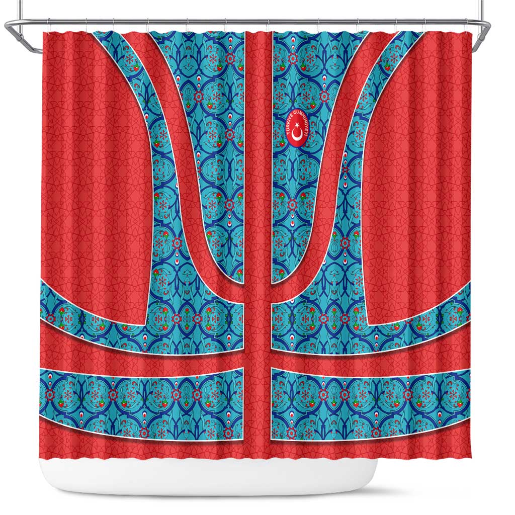 Blue Turkish Traditional Pattern and Red Shower Curtain with National Flag Emblem