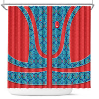 Blue Turkish Traditional Pattern and Red Shower Curtain with National Flag Emblem
