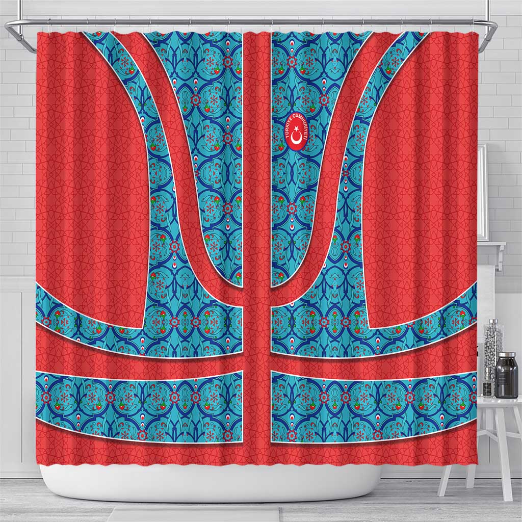 Blue Turkish Traditional Pattern and Red Shower Curtain with National Flag Emblem