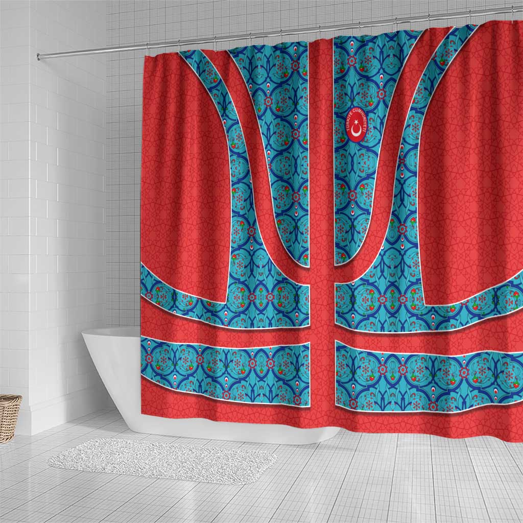Blue Turkish Traditional Pattern and Red Shower Curtain with National Flag Emblem