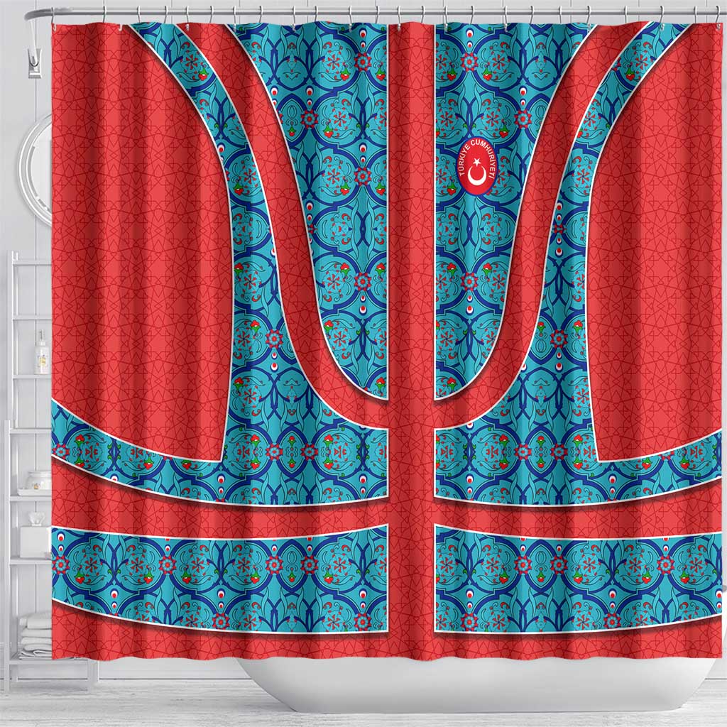 Blue Turkish Traditional Pattern and Red Shower Curtain with National Flag Emblem