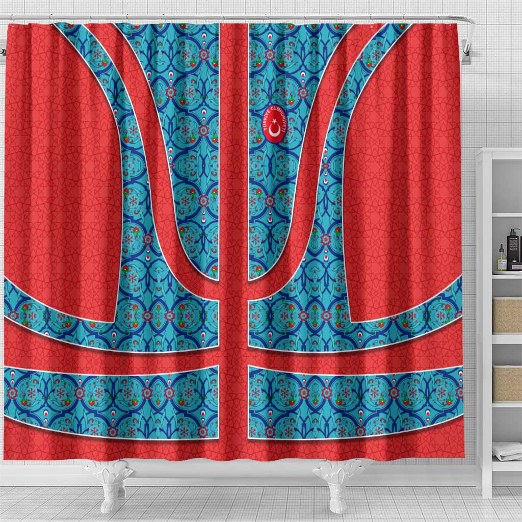 Blue Turkish Traditional Pattern and Red Shower Curtain with National Flag Emblem