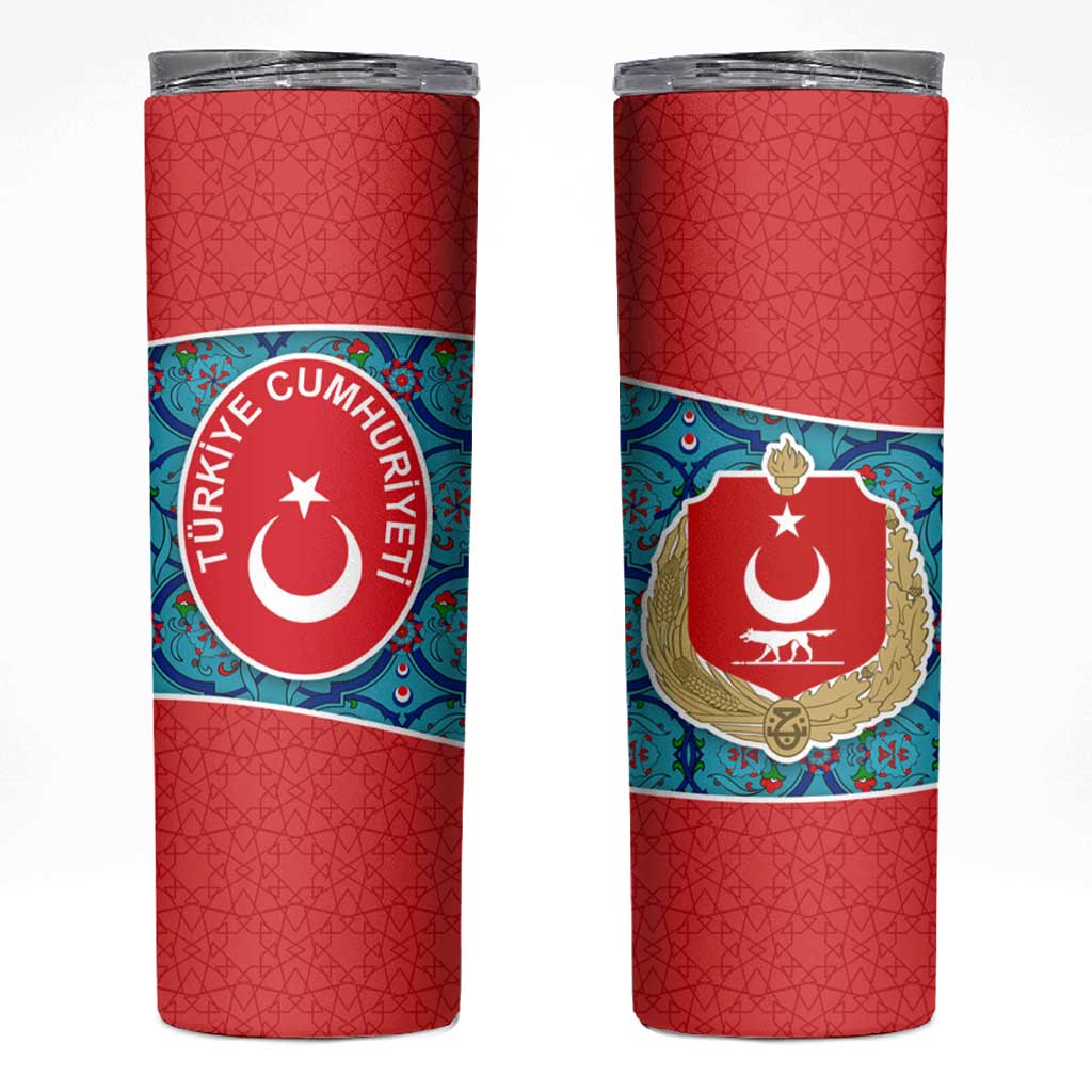Blue Turkish Traditional Pattern and Red Skinny Tumbler with National Flag Emblem