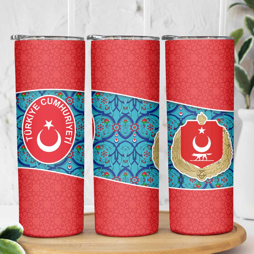 Blue Turkish Traditional Pattern and Red Skinny Tumbler with National Flag Emblem