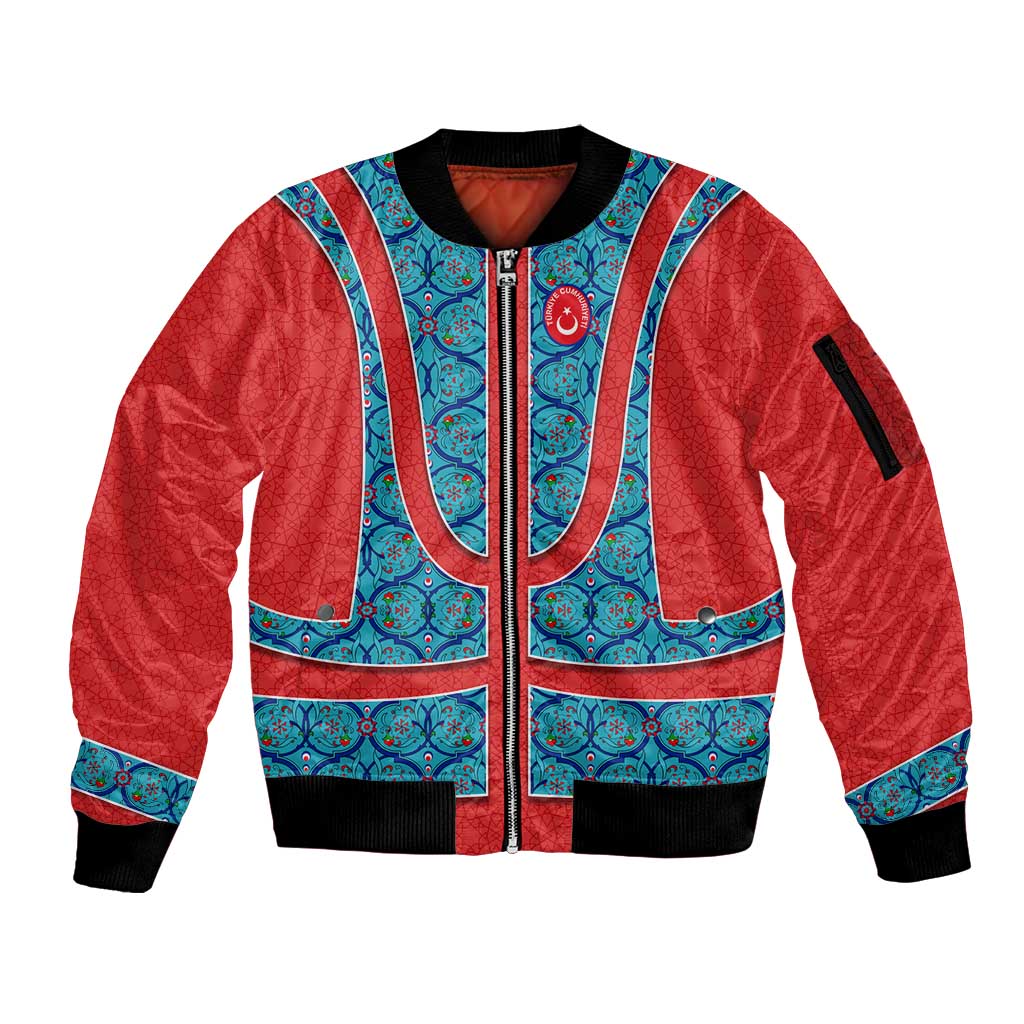 Blue Turkish Traditional Pattern and Red Sleeve Zip Bomber Jacket with National Flag Emblem