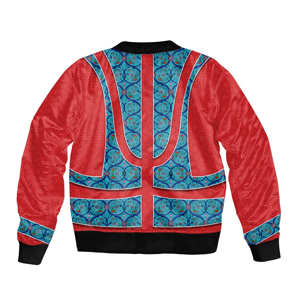 Blue Turkish Traditional Pattern and Red Sleeve Zip Bomber Jacket with National Flag Emblem