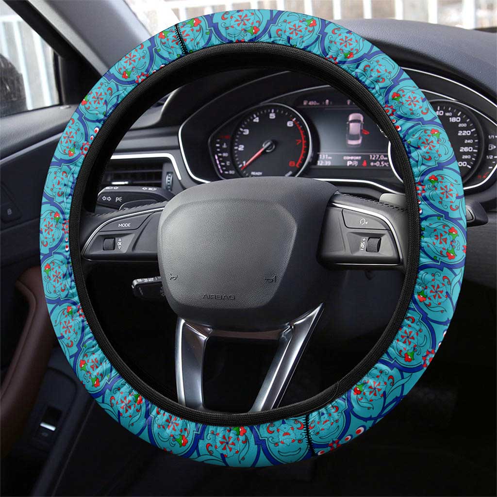 Blue Turkish Traditional Pattern and Red Steering Wheel Cover with National Flag Emblem
