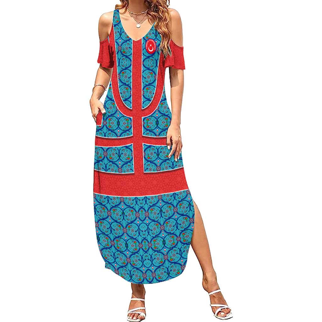 Blue Turkish Traditional Pattern and Red Summer Maxi Dress with National Flag Emblem