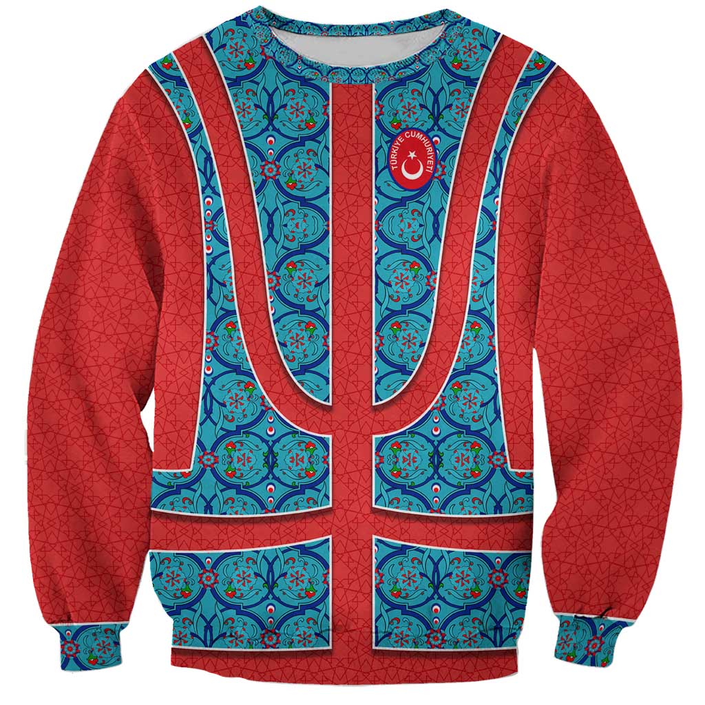 Blue Turkish Traditional Pattern and Red Sweatshirt with National Flag Emblem