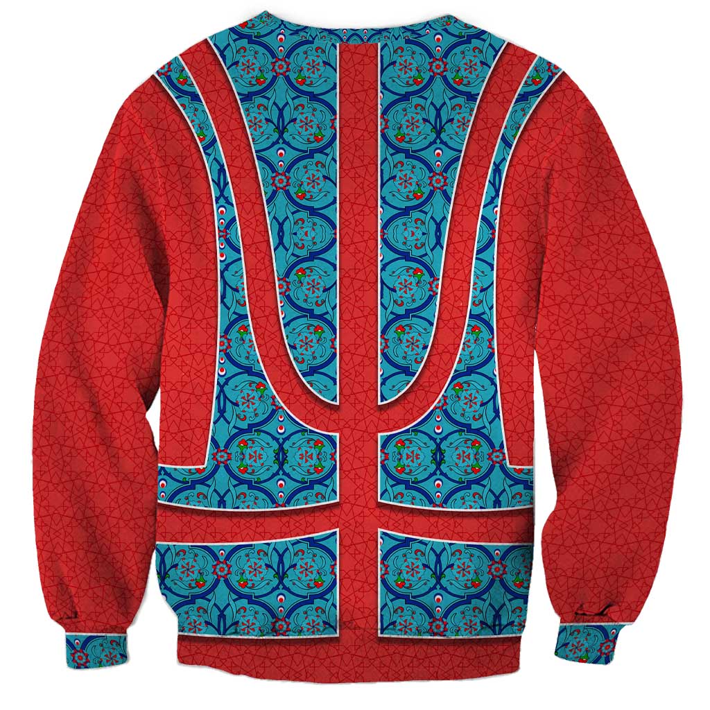 Blue Turkish Traditional Pattern and Red Sweatshirt with National Flag Emblem