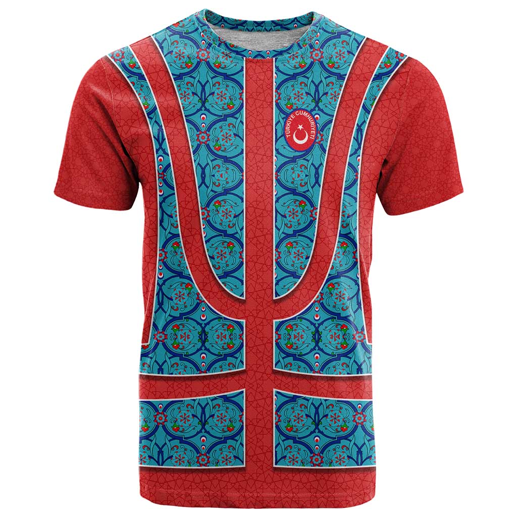 Blue Turkish Traditional Pattern and Red T Shirt with National Flag Emblem