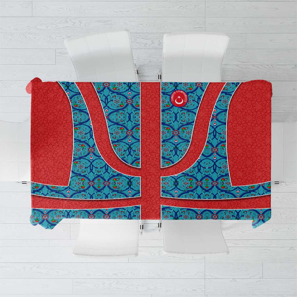 Blue Turkish Traditional Pattern and Red Tablecloth with National Flag Emblem