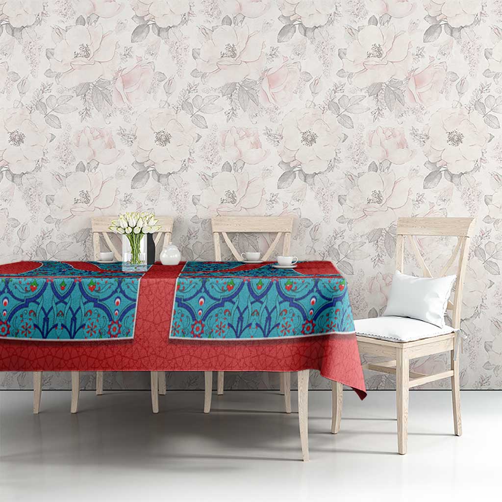 Blue Turkish Traditional Pattern and Red Tablecloth with National Flag Emblem