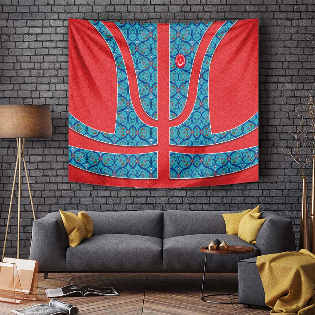 Blue Turkish Traditional Pattern and Red Tapestry with National Flag Emblem