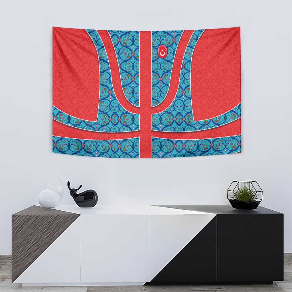 Blue Turkish Traditional Pattern and Red Tapestry with National Flag Emblem