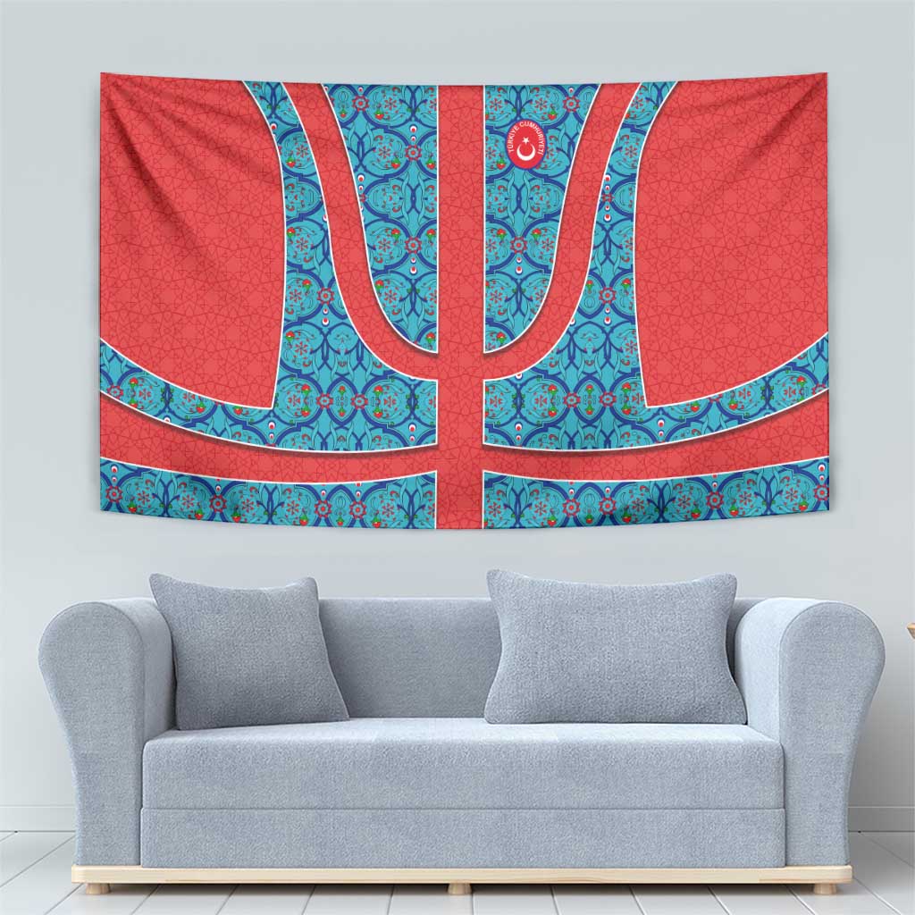 Blue Turkish Traditional Pattern and Red Tapestry with National Flag Emblem