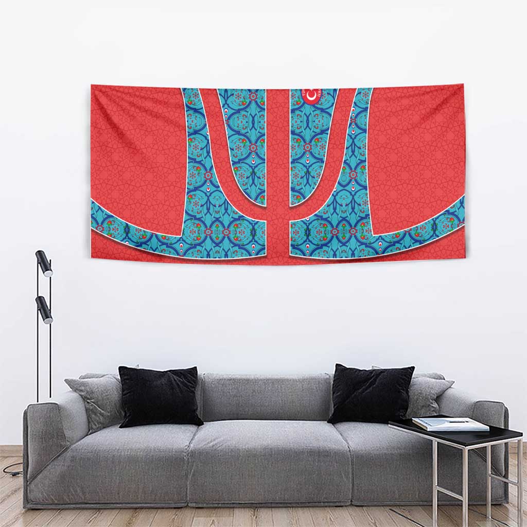 Blue Turkish Traditional Pattern and Red Tapestry with National Flag Emblem