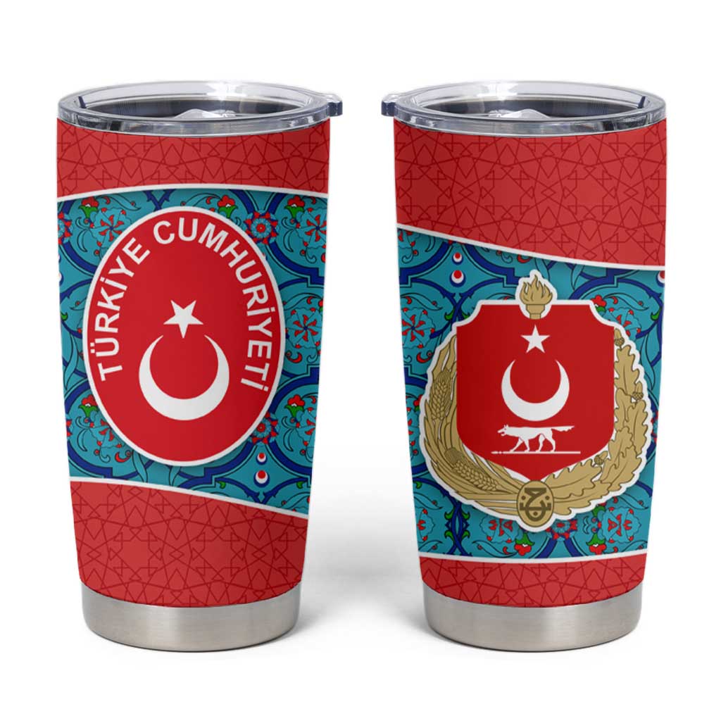 Blue Turkish Traditional Pattern and Red Tumbler Cup with National Flag Emblem