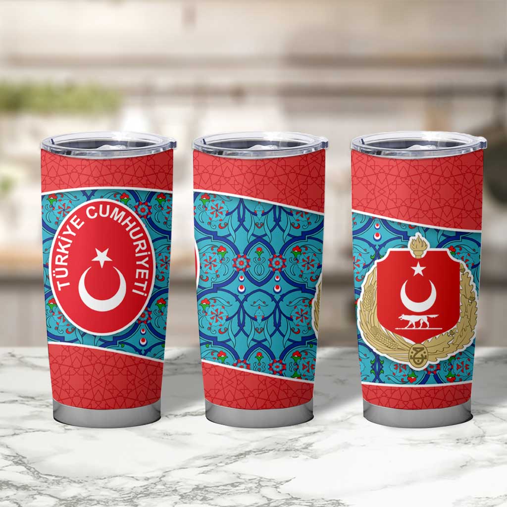 Blue Turkish Traditional Pattern and Red Tumbler Cup with National Flag Emblem