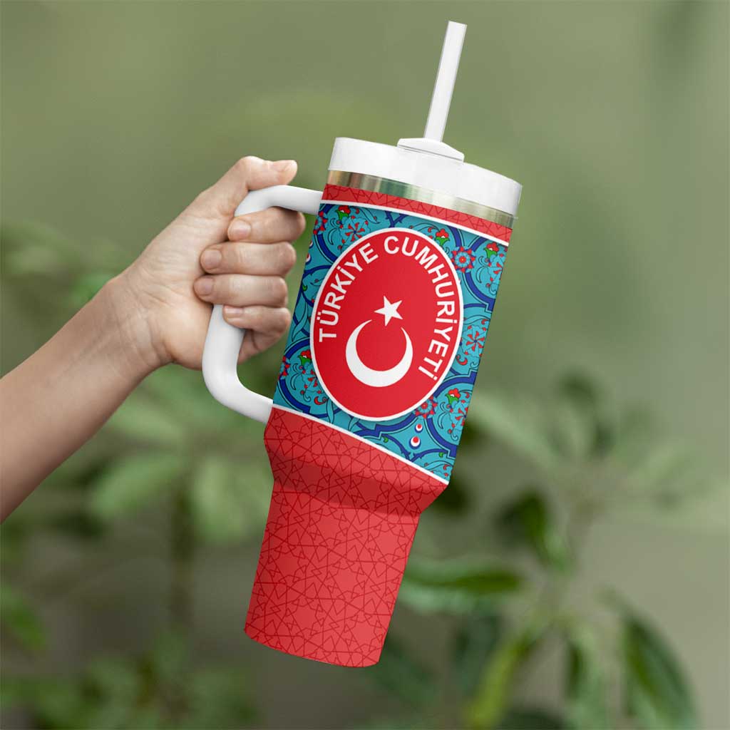 Blue Turkish Traditional Pattern and Red Tumbler With Handle with National Flag Emblem
