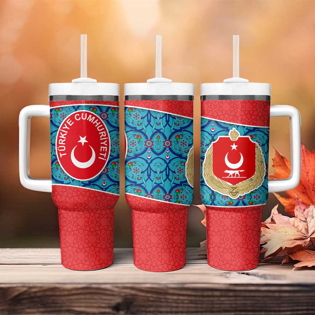 Blue Turkish Traditional Pattern and Red Tumbler With Handle with National Flag Emblem