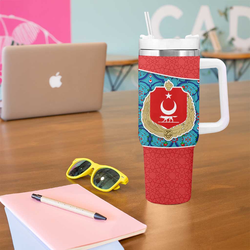 Blue Turkish Traditional Pattern and Red Tumbler With Handle with National Flag Emblem