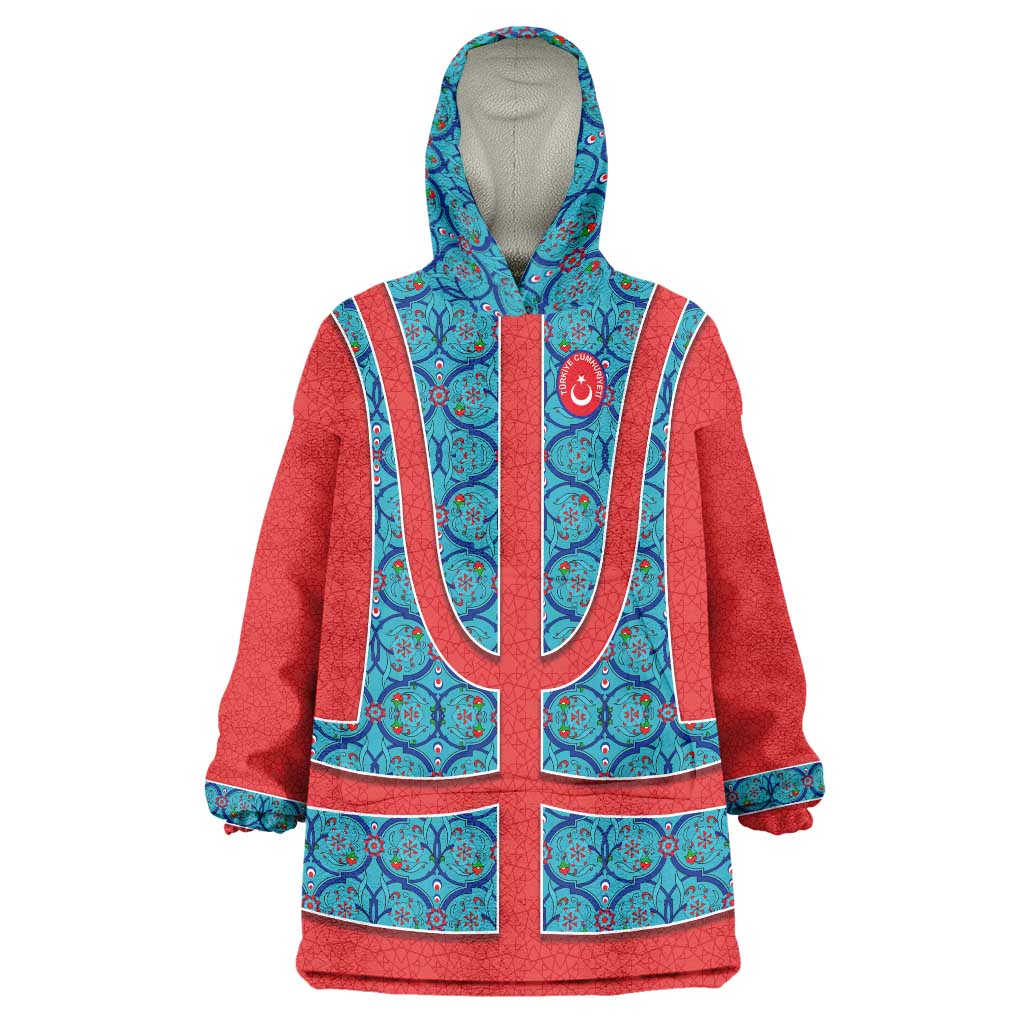 Blue Turkish Traditional Pattern and Red Wearable Blanket Hoodie with National Flag Emblem