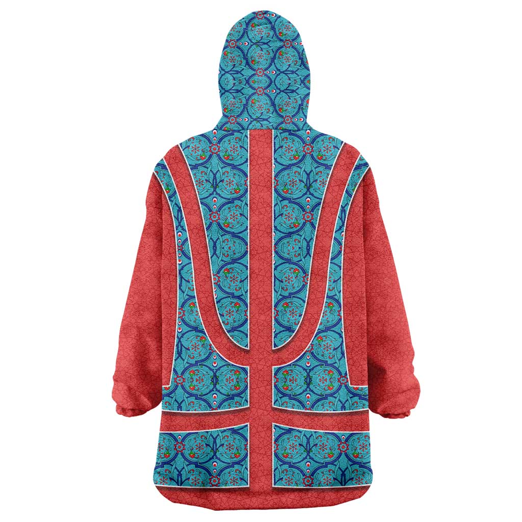 Blue Turkish Traditional Pattern and Red Wearable Blanket Hoodie with National Flag Emblem