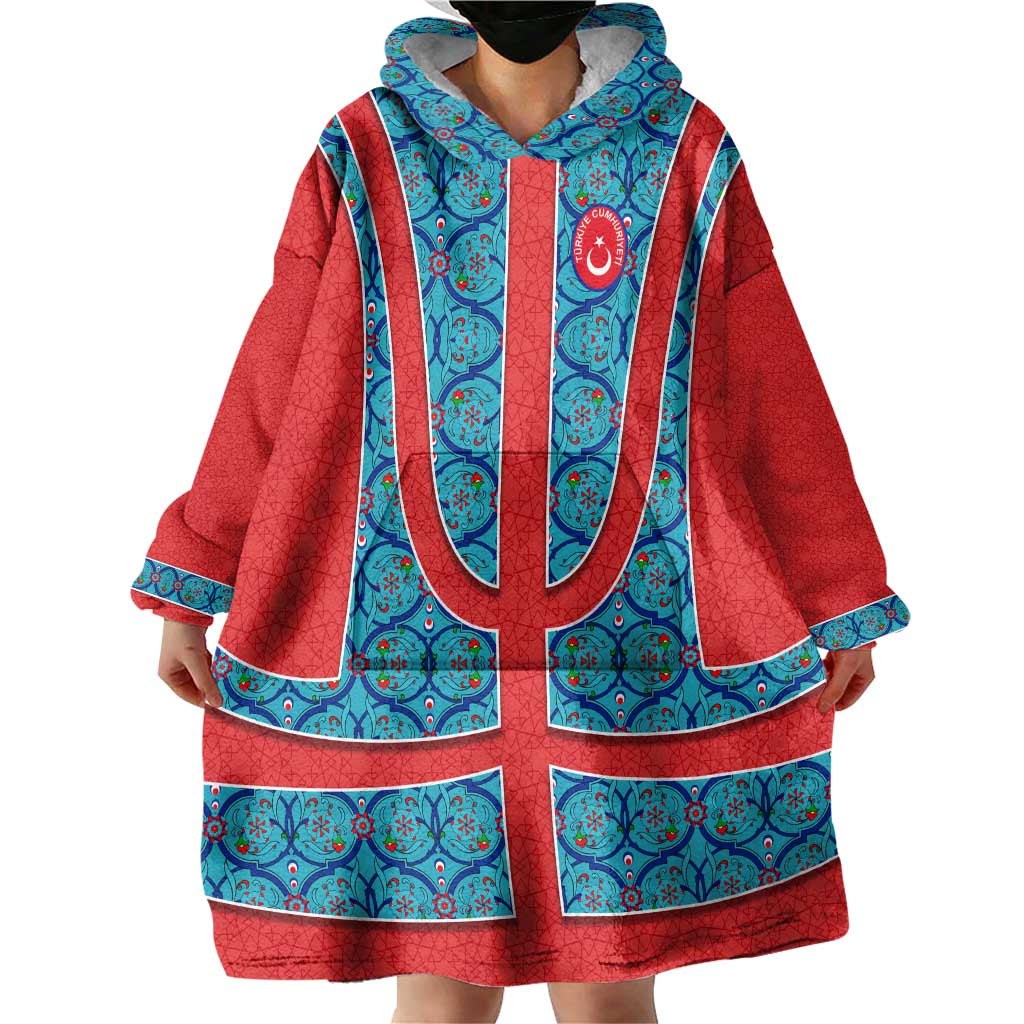 Blue Turkish Traditional Pattern and Red Wearable Blanket Hoodie with National Flag Emblem