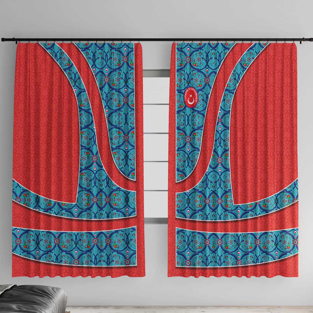 Blue Turkish Traditional Pattern and Red Window Curtain with National Flag Emblem