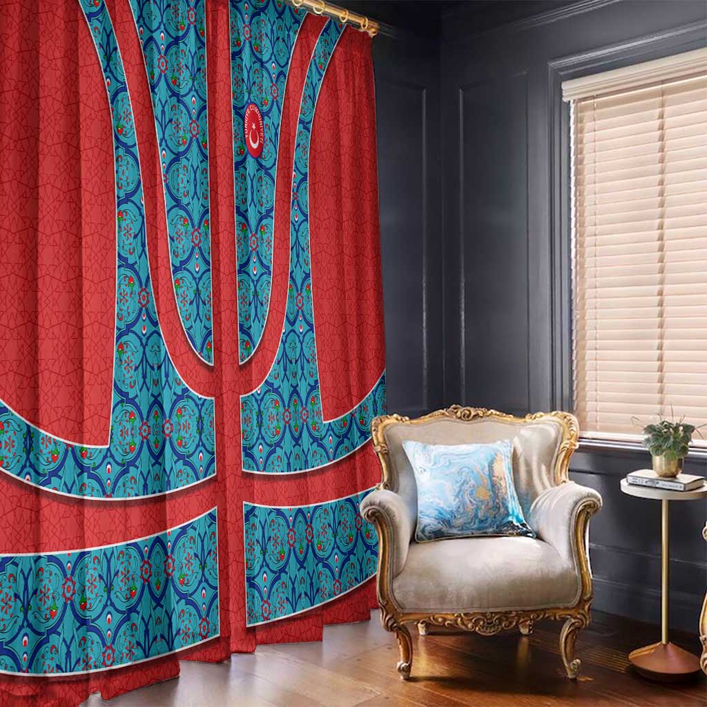 Blue Turkish Traditional Pattern and Red Window Curtain with National Flag Emblem