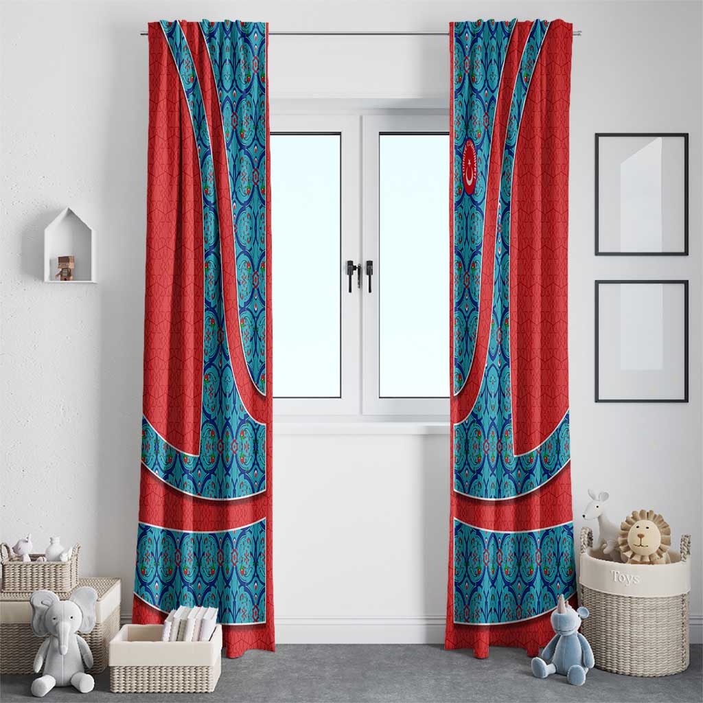 Blue Turkish Traditional Pattern and Red Window Curtain with National Flag Emblem